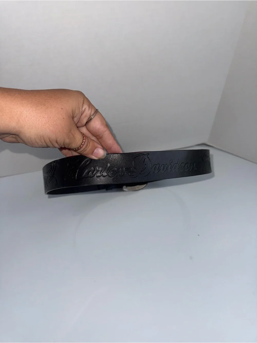 HARLEY DAVIDSON Black Genuine Leather Belt Embossed Detail And Rhinestone buckle